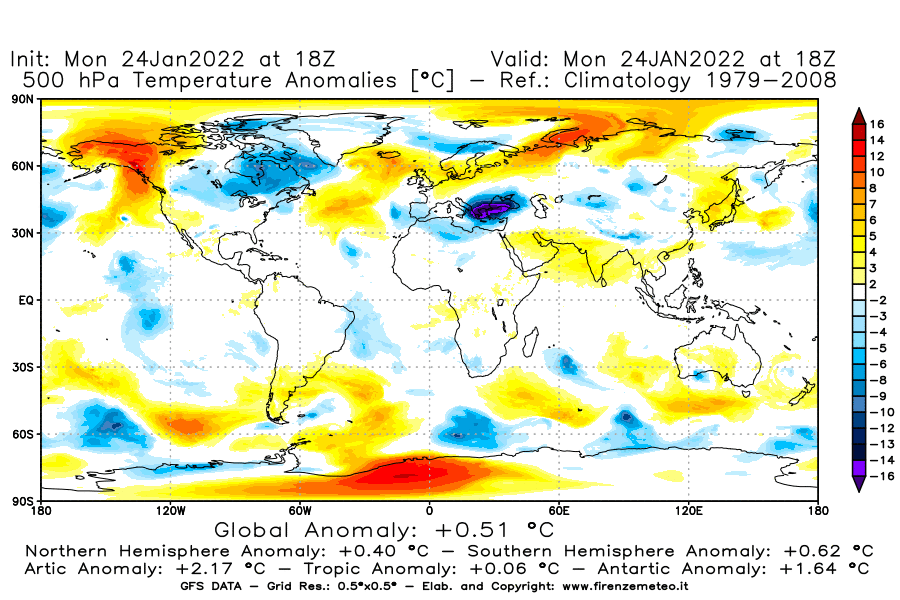 Mappa di analisi GFS - Anomalia Temperatura [°C] a 500 hPa in World
							del 24/01/2022 18 <!--googleoff: index-->UTC<!--googleon: index-->