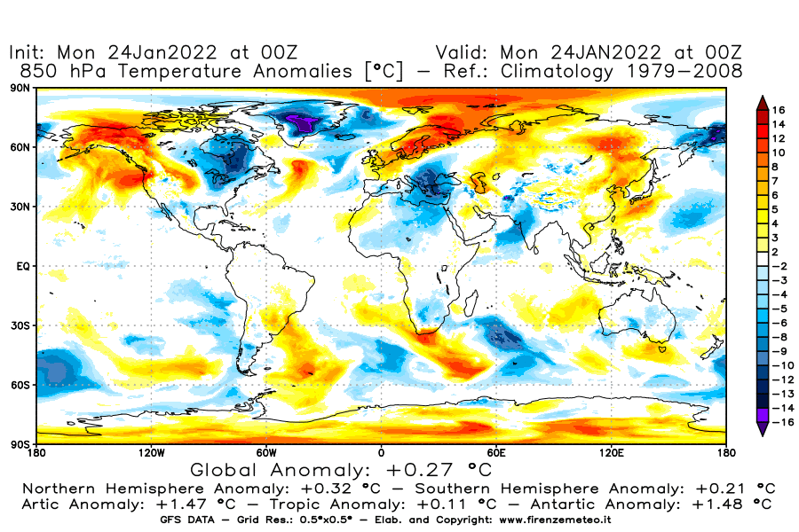 Mappa di analisi GFS - Anomalia Temperatura [°C] a 850 hPa in World
							del 24/01/2022 00 <!--googleoff: index-->UTC<!--googleon: index-->