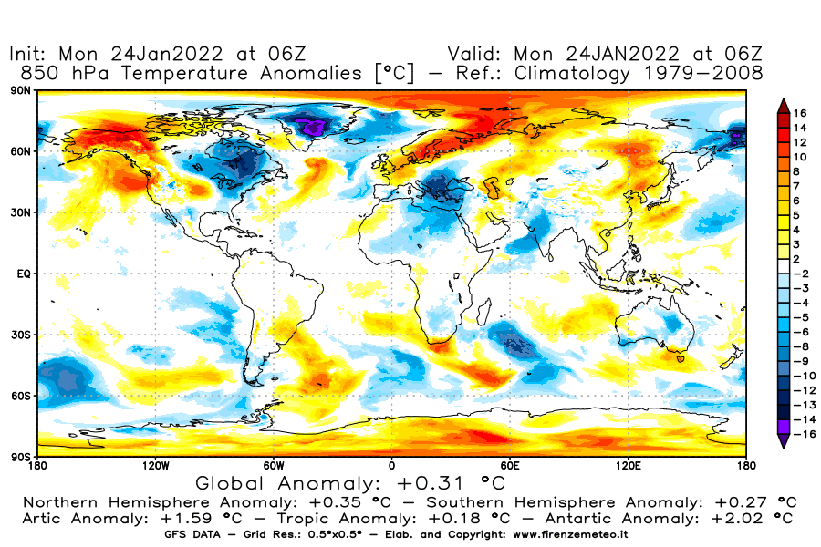 Mappa di analisi GFS - Anomalia Temperatura [°C] a 850 hPa in World
							del 24/01/2022 06 <!--googleoff: index-->UTC<!--googleon: index-->