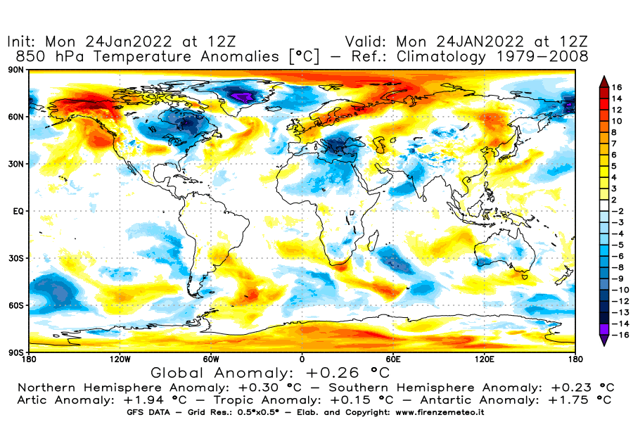 Mappa di analisi GFS - Anomalia Temperatura [°C] a 850 hPa in World
							del 24/01/2022 12 <!--googleoff: index-->UTC<!--googleon: index-->