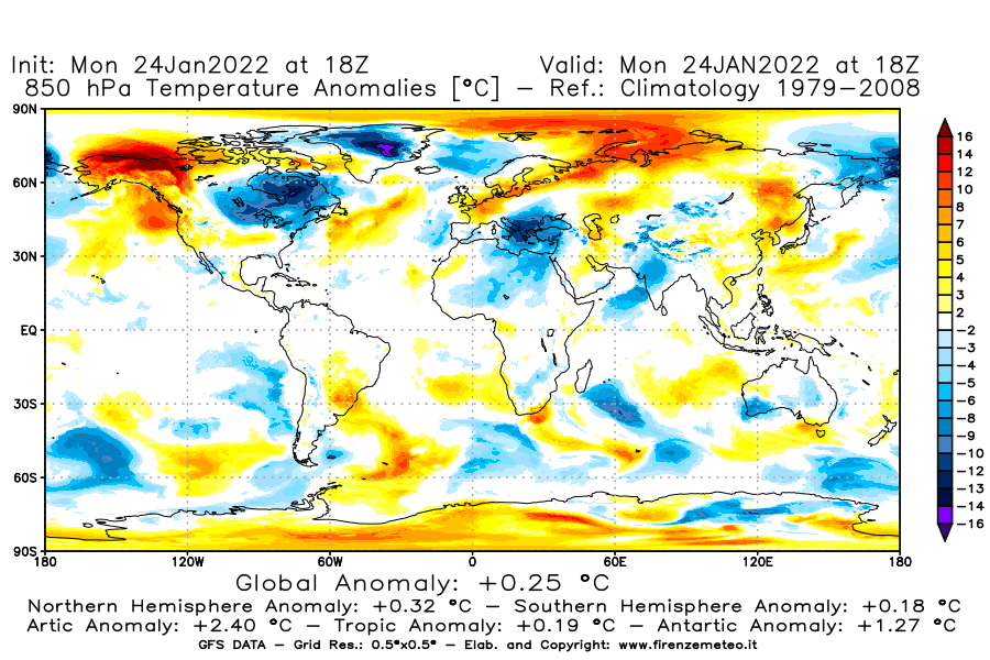 Mappa di analisi GFS - Anomalia Temperatura [°C] a 850 hPa in World
							del 24/01/2022 18 <!--googleoff: index-->UTC<!--googleon: index-->