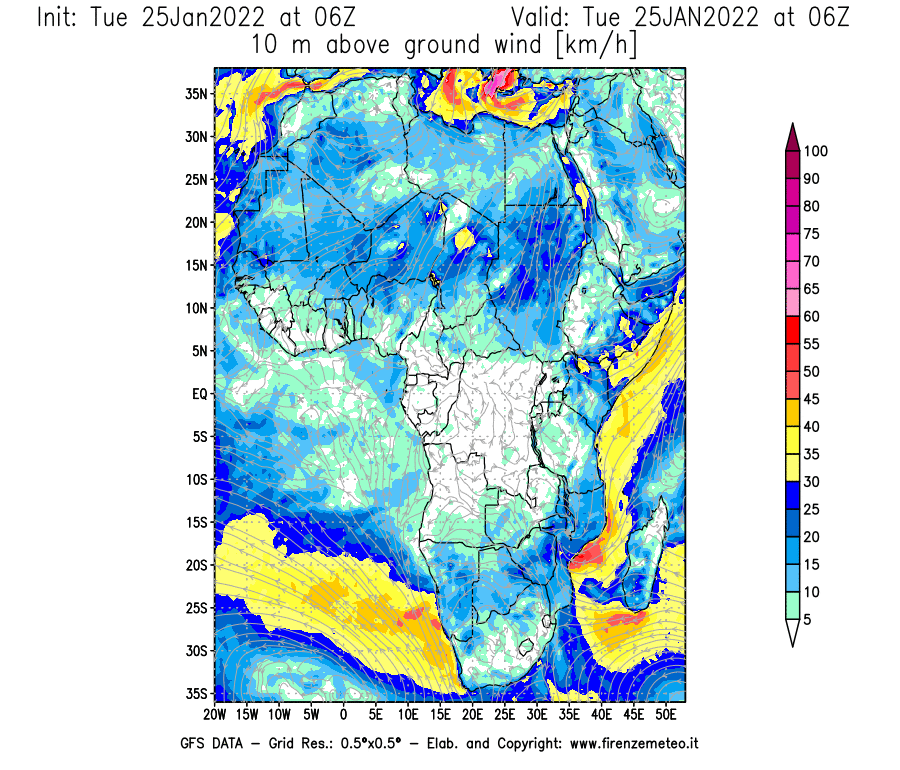 Mappa di analisi GFS - Velocità del vento a 10 metri dal suolo [km/h] in Africa
							del 25/01/2022 06 <!--googleoff: index-->UTC<!--googleon: index-->