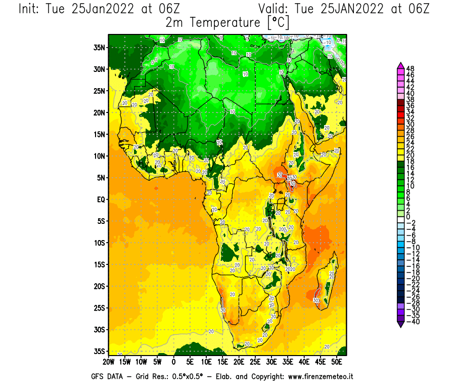 Mappa di analisi GFS - Temperatura a 2 metri dal suolo [°C] in Africa
							del 25/01/2022 06 <!--googleoff: index-->UTC<!--googleon: index-->