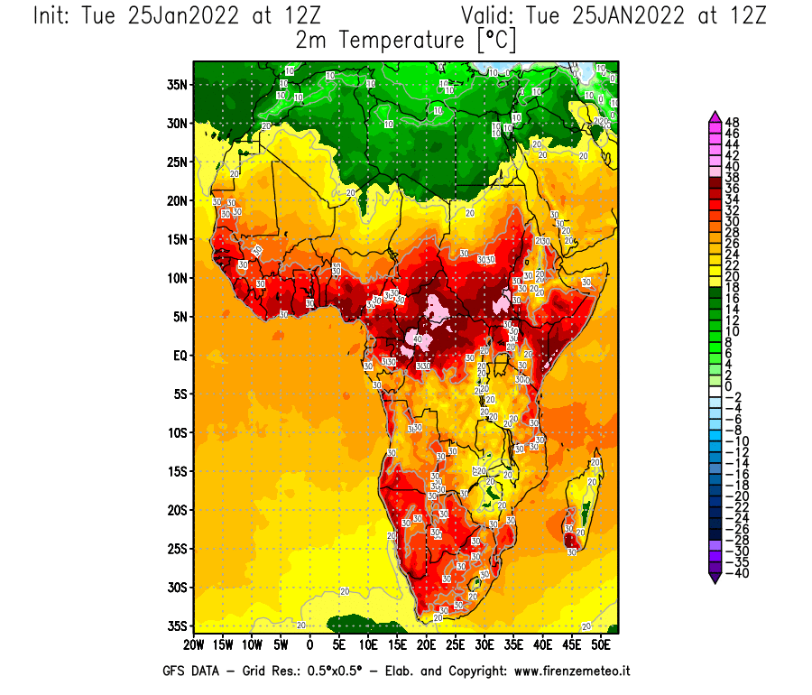 Mappa di analisi GFS - Temperatura a 2 metri dal suolo [°C] in Africa
							del 25/01/2022 12 <!--googleoff: index-->UTC<!--googleon: index-->
