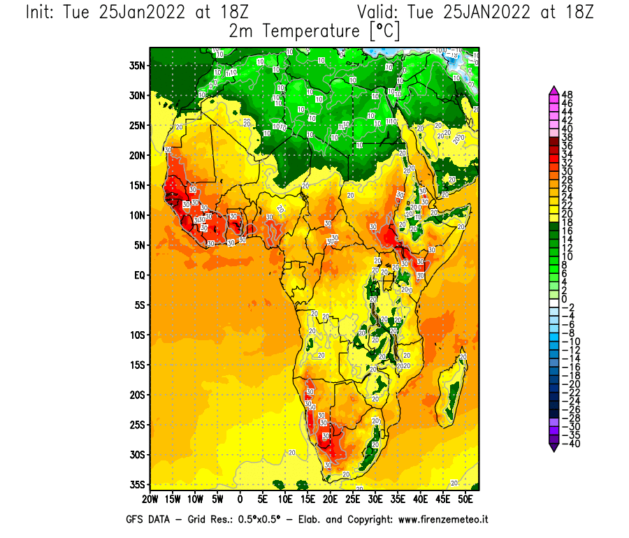 Mappa di analisi GFS - Temperatura a 2 metri dal suolo [°C] in Africa
							del 25/01/2022 18 <!--googleoff: index-->UTC<!--googleon: index-->