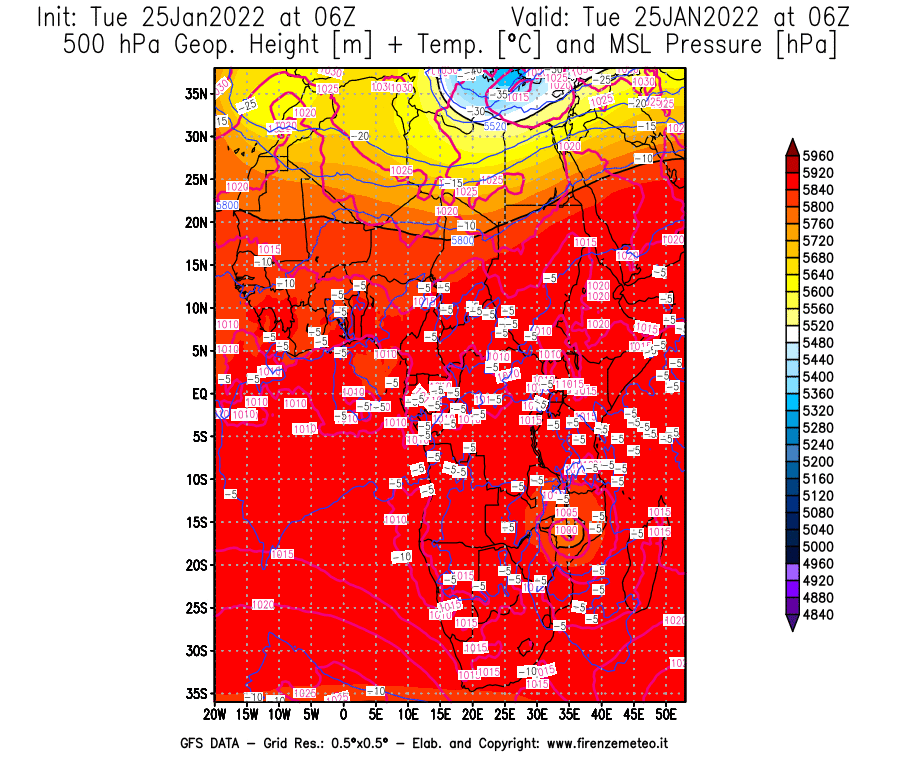 Mappa di analisi GFS - Geopotenziale [m] + Temp. [°C] a 500 hPa + Press. a livello del mare [hPa] in Africa
							del 25/01/2022 06 <!--googleoff: index-->UTC<!--googleon: index-->