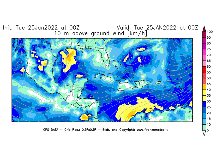 Mappa di analisi GFS - Velocità del vento a 10 metri dal suolo [km/h] in Centro-America
							del 25/01/2022 00 <!--googleoff: index-->UTC<!--googleon: index-->