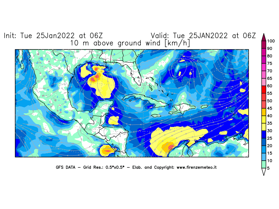 Mappa di analisi GFS - Velocità del vento a 10 metri dal suolo [km/h] in Centro-America
							del 25/01/2022 06 <!--googleoff: index-->UTC<!--googleon: index-->