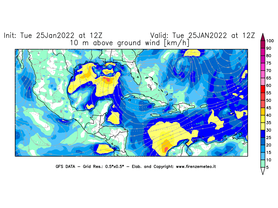 Mappa di analisi GFS - Velocità del vento a 10 metri dal suolo [km/h] in Centro-America
							del 25/01/2022 12 <!--googleoff: index-->UTC<!--googleon: index-->
