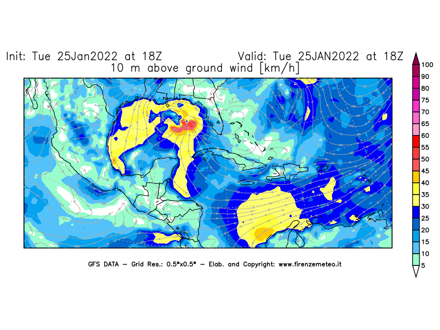 Mappa di analisi GFS - Velocità del vento a 10 metri dal suolo [km/h] in Centro-America
							del 25/01/2022 18 <!--googleoff: index-->UTC<!--googleon: index-->