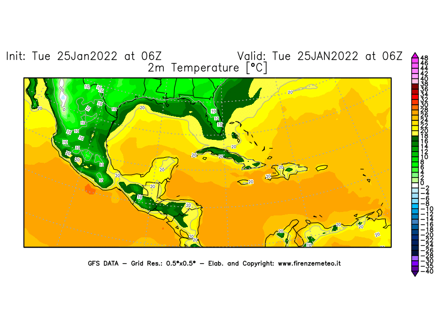 Mappa di analisi GFS - Temperatura a 2 metri dal suolo [°C] in Centro-America
							del 25/01/2022 06 <!--googleoff: index-->UTC<!--googleon: index-->