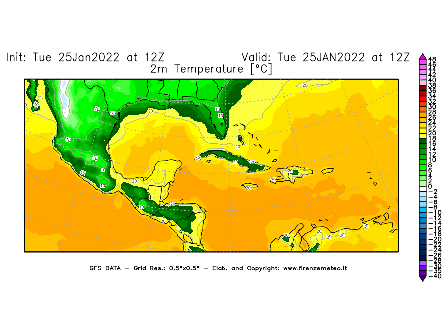 Mappa di analisi GFS - Temperatura a 2 metri dal suolo [°C] in Centro-America
							del 25/01/2022 12 <!--googleoff: index-->UTC<!--googleon: index-->