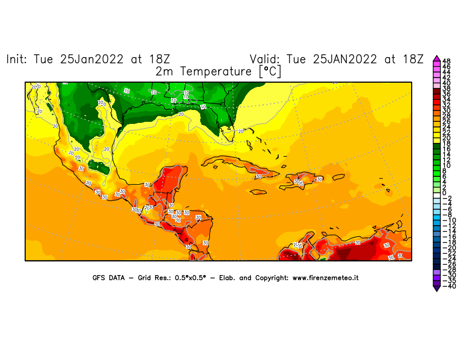 Mappa di analisi GFS - Temperatura a 2 metri dal suolo [°C] in Centro-America
							del 25/01/2022 18 <!--googleoff: index-->UTC<!--googleon: index-->