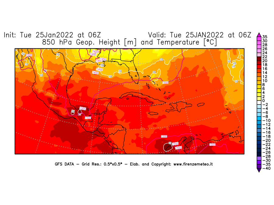 Mappa di analisi GFS - Geopotenziale [m] e Temperatura [°C] a 850 hPa in Centro-America
							del 25/01/2022 06 <!--googleoff: index-->UTC<!--googleon: index-->