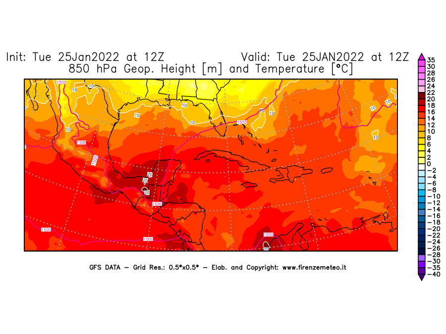 Mappa di analisi GFS - Geopotenziale [m] e Temperatura [°C] a 850 hPa in Centro-America
							del 25/01/2022 12 <!--googleoff: index-->UTC<!--googleon: index-->