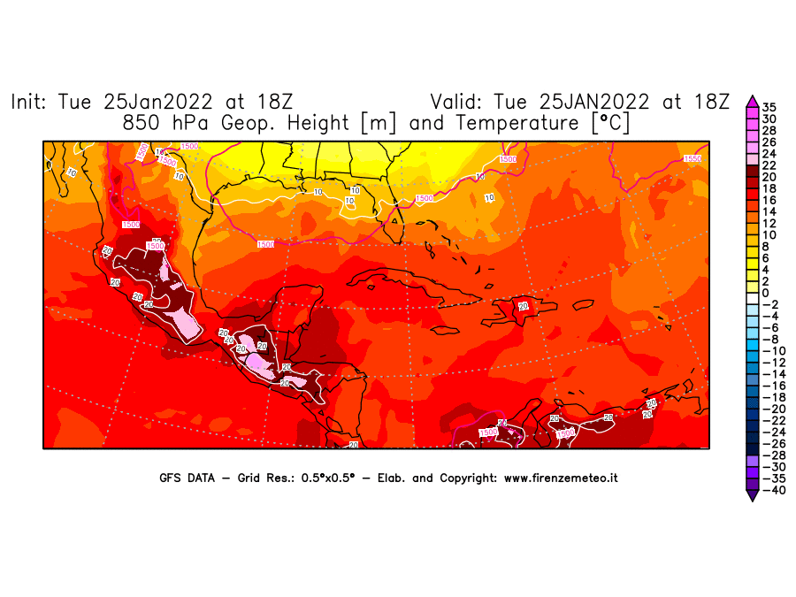 Mappa di analisi GFS - Geopotenziale [m] e Temperatura [°C] a 850 hPa in Centro-America
							del 25/01/2022 18 <!--googleoff: index-->UTC<!--googleon: index-->