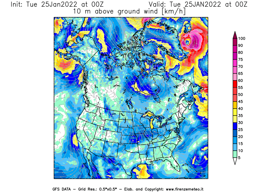 Mappa di analisi GFS - Velocità del vento a 10 metri dal suolo [km/h] in Nord-America
							del 25/01/2022 00 <!--googleoff: index-->UTC<!--googleon: index-->