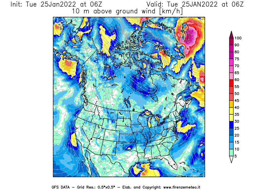 Mappa di analisi GFS - Velocità del vento a 10 metri dal suolo [km/h] in Nord-America
							del 25/01/2022 06 <!--googleoff: index-->UTC<!--googleon: index-->