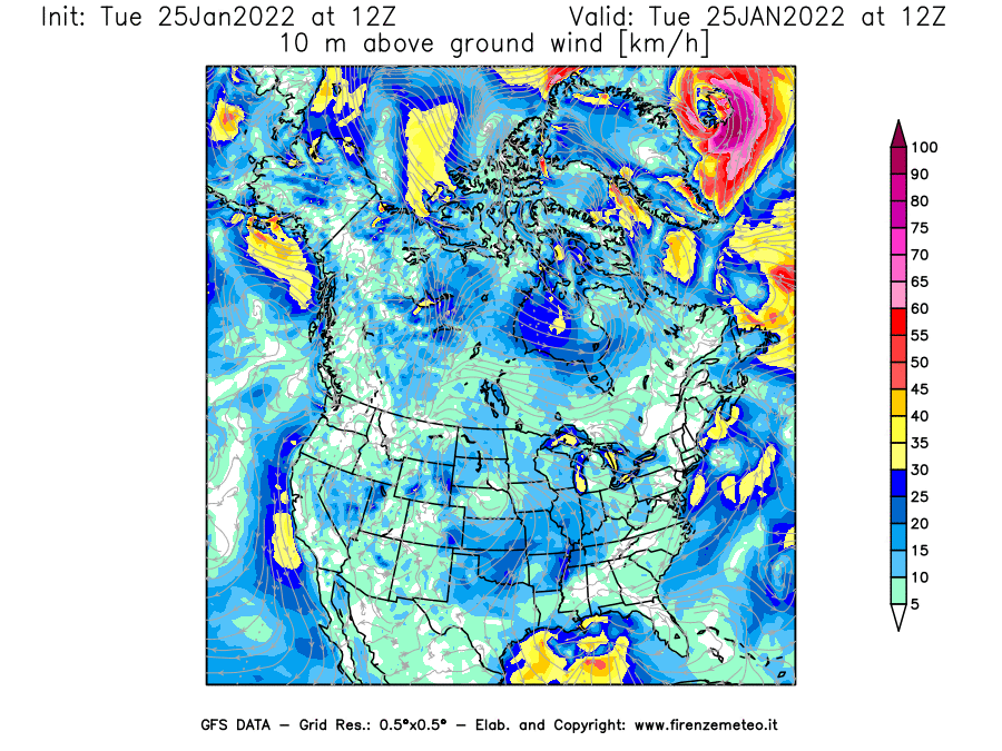 Mappa di analisi GFS - Velocità del vento a 10 metri dal suolo [km/h] in Nord-America
							del 25/01/2022 12 <!--googleoff: index-->UTC<!--googleon: index-->
