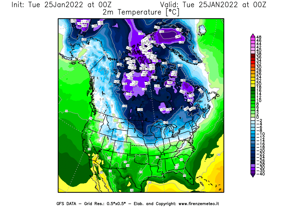 Mappa di analisi GFS - Temperatura a 2 metri dal suolo [°C] in Nord-America
							del 25/01/2022 00 <!--googleoff: index-->UTC<!--googleon: index-->