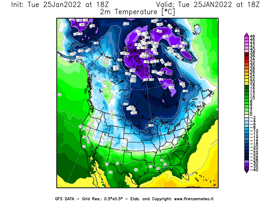 Mappa di analisi GFS - Temperatura a 2 metri dal suolo [°C] in Nord-America
							del 25/01/2022 18 <!--googleoff: index-->UTC<!--googleon: index-->