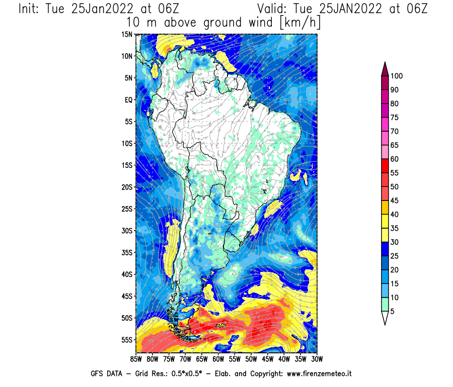 Mappa di analisi GFS - Velocità del vento a 10 metri dal suolo [km/h] in Sud-America
							del 25/01/2022 06 <!--googleoff: index-->UTC<!--googleon: index-->