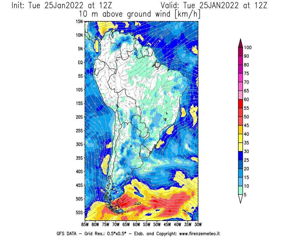 Mappa di analisi GFS - Velocità del vento a 10 metri dal suolo [km/h] in Sud-America
							del 25/01/2022 12 <!--googleoff: index-->UTC<!--googleon: index-->