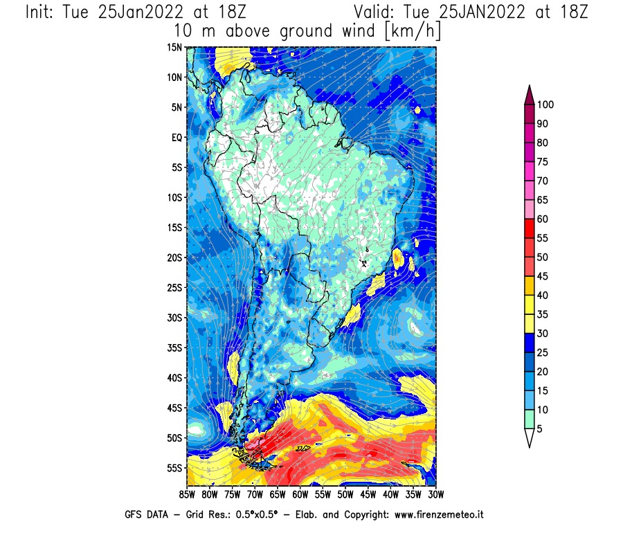 Mappa di analisi GFS - Velocità del vento a 10 metri dal suolo [km/h] in Sud-America
							del 25/01/2022 18 <!--googleoff: index-->UTC<!--googleon: index-->