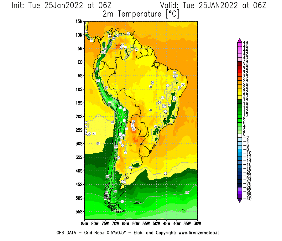 Mappa di analisi GFS - Temperatura a 2 metri dal suolo [°C] in Sud-America
							del 25/01/2022 06 <!--googleoff: index-->UTC<!--googleon: index-->
