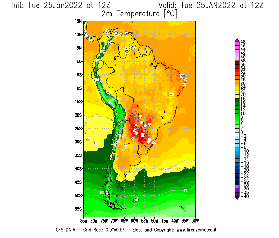 Mappa di analisi GFS - Temperatura a 2 metri dal suolo [°C] in Sud-America
							del 25/01/2022 12 <!--googleoff: index-->UTC<!--googleon: index-->