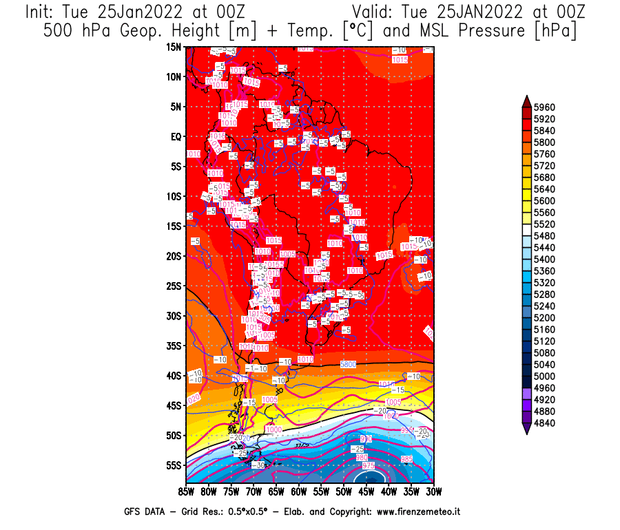 Mappa di analisi GFS - Geopotenziale [m] + Temp. [°C] a 500 hPa + Press. a livello del mare [hPa] in Sud-America
							del 25/01/2022 00 <!--googleoff: index-->UTC<!--googleon: index-->