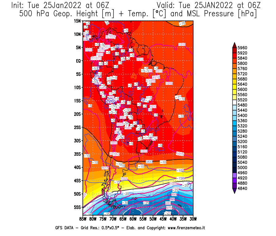 Mappa di analisi GFS - Geopotenziale [m] + Temp. [°C] a 500 hPa + Press. a livello del mare [hPa] in Sud-America
							del 25/01/2022 06 <!--googleoff: index-->UTC<!--googleon: index-->