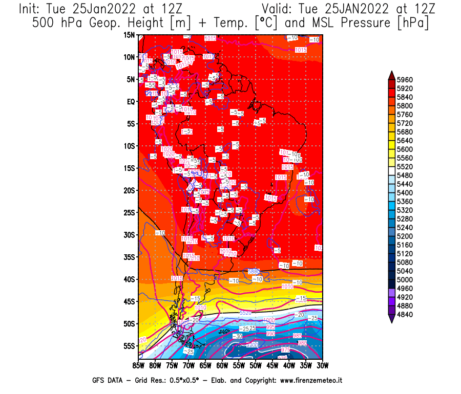 Mappa di analisi GFS - Geopotenziale [m] + Temp. [°C] a 500 hPa + Press. a livello del mare [hPa] in Sud-America
							del 25/01/2022 12 <!--googleoff: index-->UTC<!--googleon: index-->