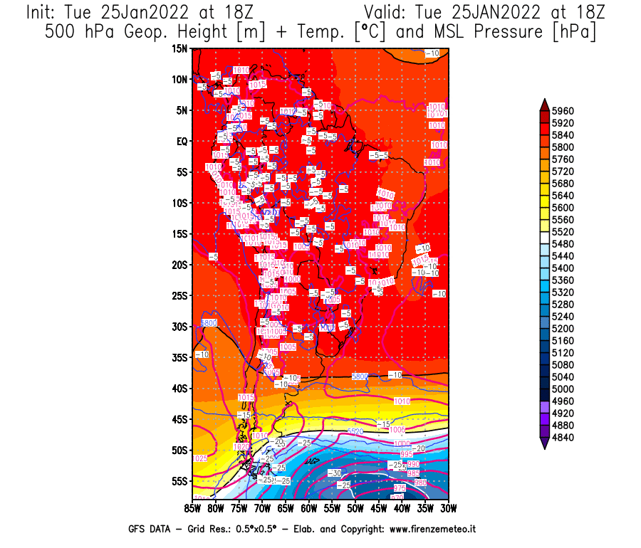 Mappa di analisi GFS - Geopotenziale [m] + Temp. [°C] a 500 hPa + Press. a livello del mare [hPa] in Sud-America
							del 25/01/2022 18 <!--googleoff: index-->UTC<!--googleon: index-->