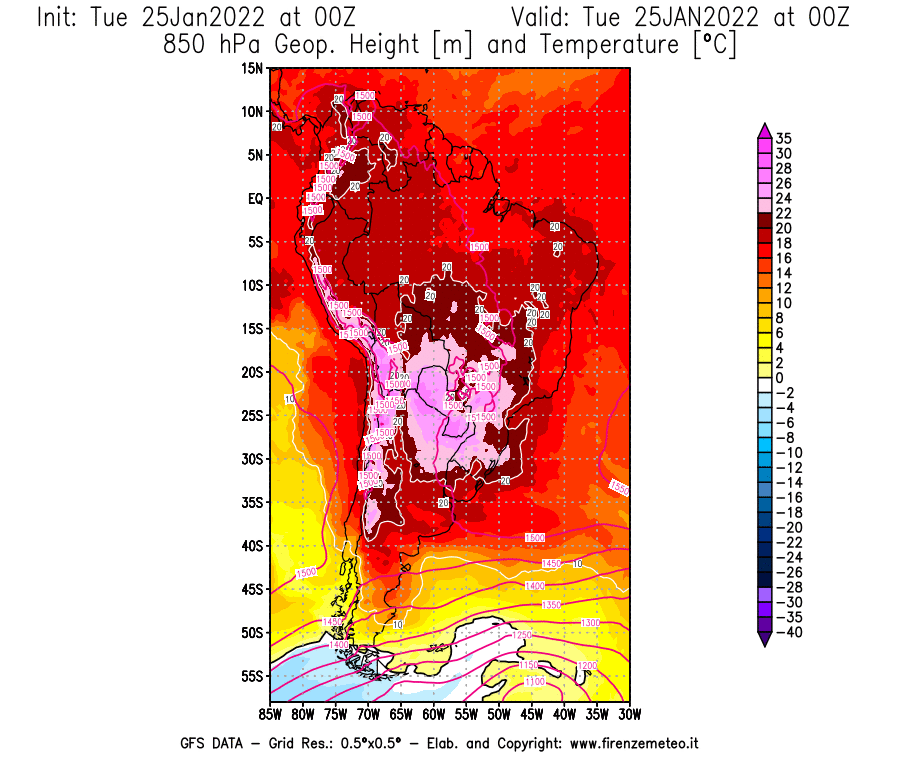 Mappa di analisi GFS - Geopotenziale [m] e Temperatura [°C] a 850 hPa in Sud-America
							del 25/01/2022 00 <!--googleoff: index-->UTC<!--googleon: index-->