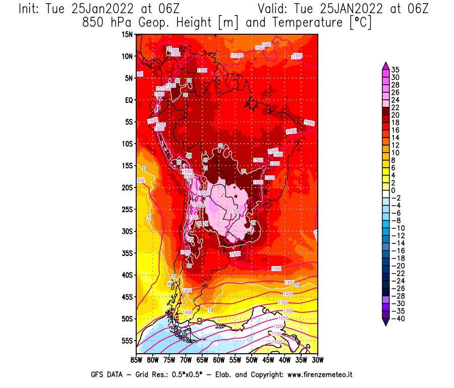 Mappa di analisi GFS - Geopotenziale [m] e Temperatura [°C] a 850 hPa in Sud-America
							del 25/01/2022 06 <!--googleoff: index-->UTC<!--googleon: index-->