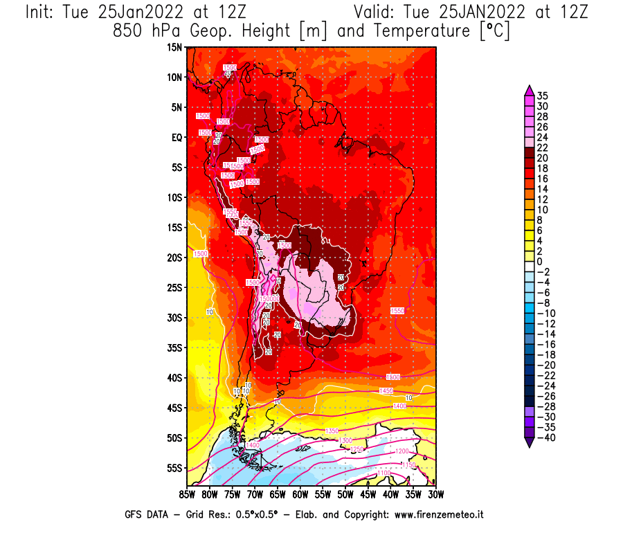 Mappa di analisi GFS - Geopotenziale [m] e Temperatura [°C] a 850 hPa in Sud-America
							del 25/01/2022 12 <!--googleoff: index-->UTC<!--googleon: index-->