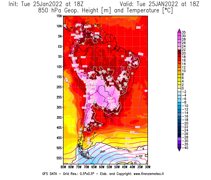 Mappa di analisi GFS - Geopotenziale [m] e Temperatura [°C] a 850 hPa in Sud-America
							del 25/01/2022 18 <!--googleoff: index-->UTC<!--googleon: index-->