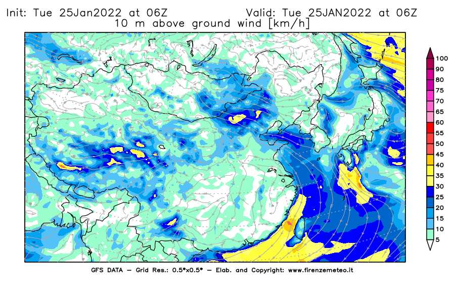 Mappa di analisi GFS - Velocità del vento a 10 metri dal suolo [km/h] in Asia Orientale
							del 25/01/2022 06 <!--googleoff: index-->UTC<!--googleon: index-->