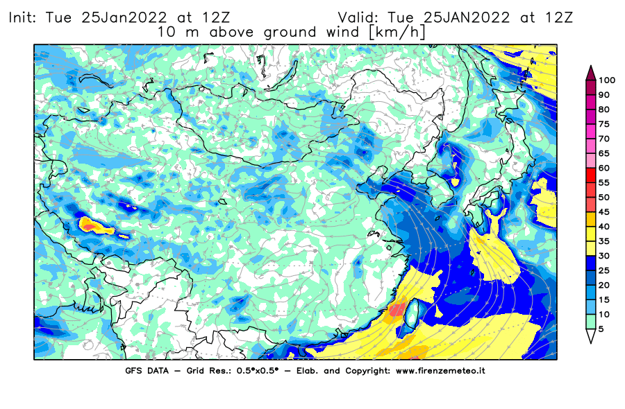 Mappa di analisi GFS - Velocità del vento a 10 metri dal suolo [km/h] in Asia Orientale
							del 25/01/2022 12 <!--googleoff: index-->UTC<!--googleon: index-->