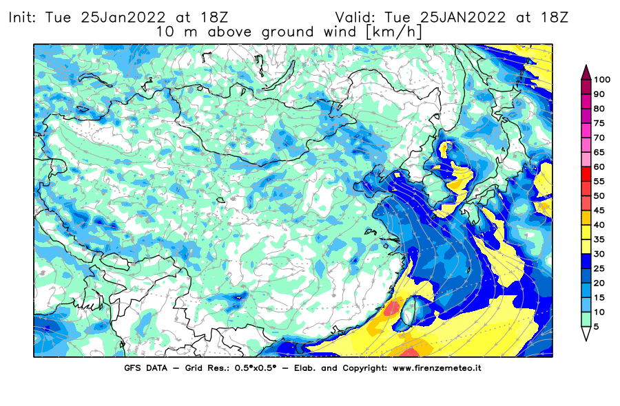 Mappa di analisi GFS - Velocità del vento a 10 metri dal suolo [km/h] in Asia Orientale
							del 25/01/2022 18 <!--googleoff: index-->UTC<!--googleon: index-->