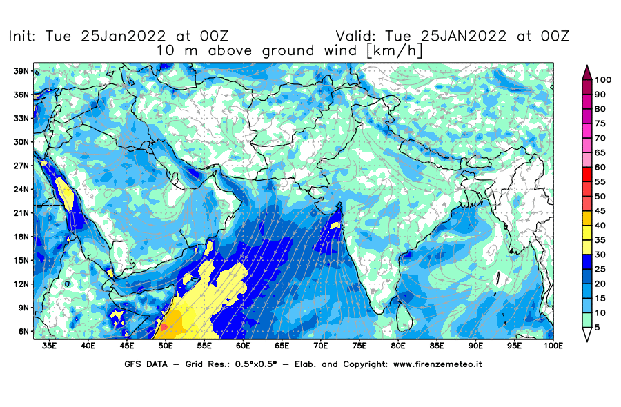 Mappa di analisi GFS - Velocità del vento a 10 metri dal suolo [km/h] in Asia Sud-Occidentale
							del 25/01/2022 00 <!--googleoff: index-->UTC<!--googleon: index-->