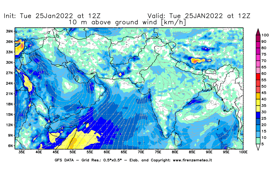 Mappa di analisi GFS - Velocità del vento a 10 metri dal suolo [km/h] in Asia Sud-Occidentale
							del 25/01/2022 12 <!--googleoff: index-->UTC<!--googleon: index-->