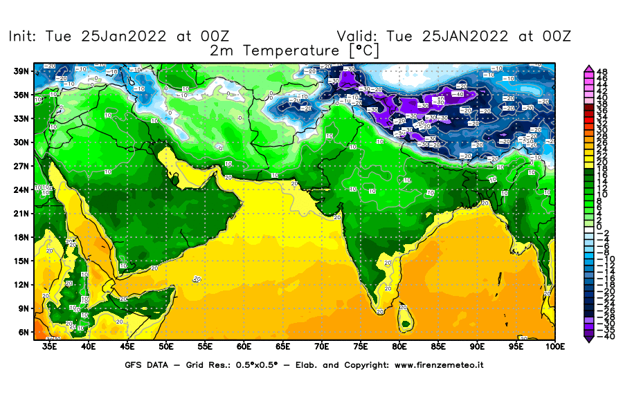 Mappa di analisi GFS - Temperatura a 2 metri dal suolo [°C] in Asia Sud-Occidentale
							del 25/01/2022 00 <!--googleoff: index-->UTC<!--googleon: index-->