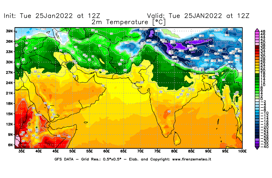 Mappa di analisi GFS - Temperatura a 2 metri dal suolo [°C] in Asia Sud-Occidentale
							del 25/01/2022 12 <!--googleoff: index-->UTC<!--googleon: index-->