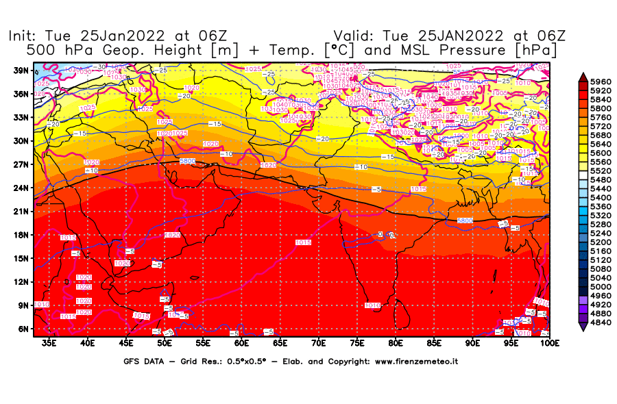 Mappa di analisi GFS - Geopotenziale [m] + Temp. [°C] a 500 hPa + Press. a livello del mare [hPa] in Asia Sud-Occidentale
							del 25/01/2022 06 <!--googleoff: index-->UTC<!--googleon: index-->