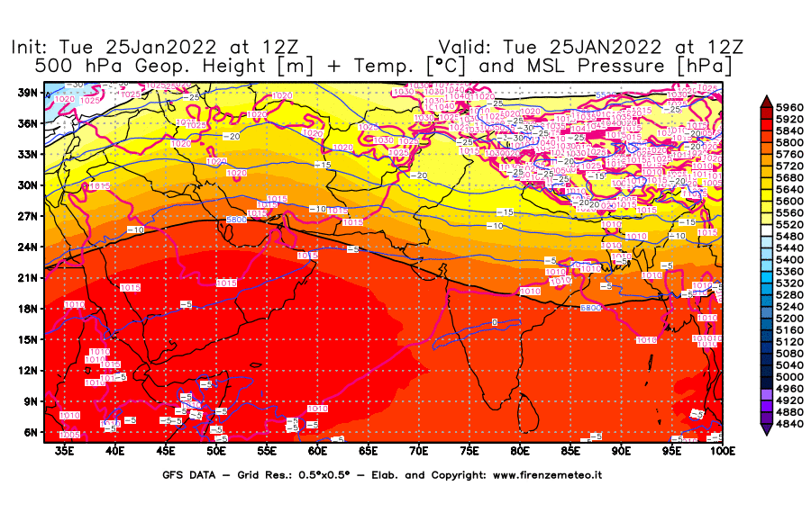 Mappa di analisi GFS - Geopotenziale [m] + Temp. [°C] a 500 hPa + Press. a livello del mare [hPa] in Asia Sud-Occidentale
							del 25/01/2022 12 <!--googleoff: index-->UTC<!--googleon: index-->