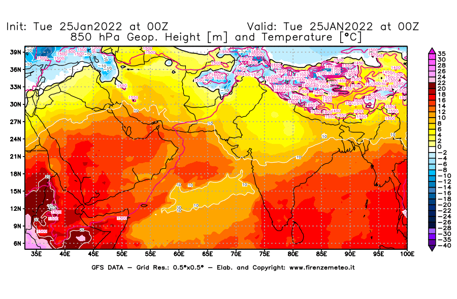 Mappa di analisi GFS - Geopotenziale [m] e Temperatura [°C] a 850 hPa in Asia Sud-Occidentale
							del 25/01/2022 00 <!--googleoff: index-->UTC<!--googleon: index-->