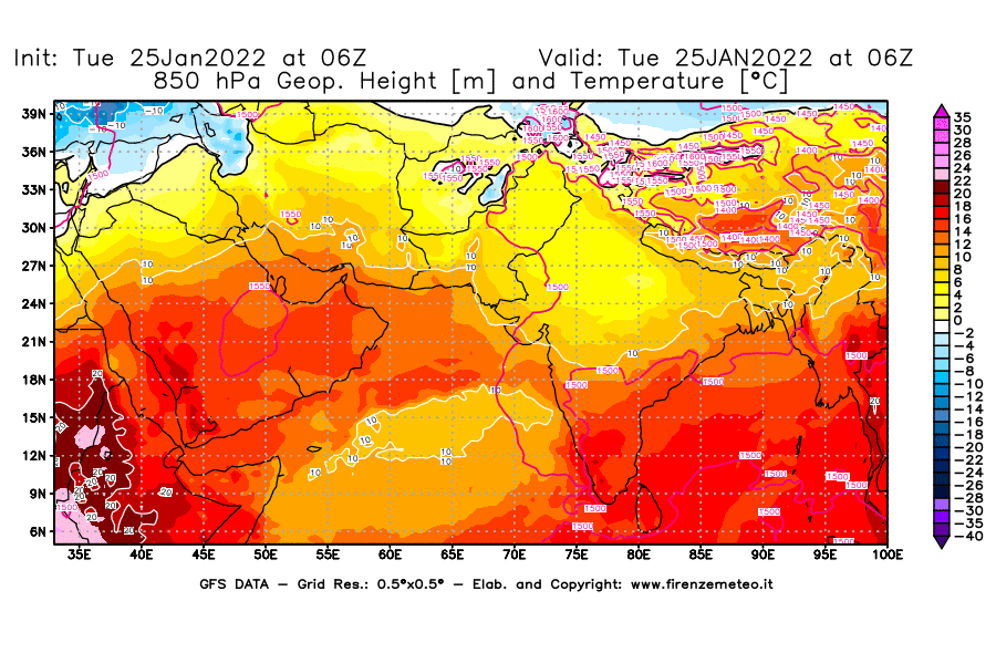 Mappa di analisi GFS - Geopotenziale [m] e Temperatura [°C] a 850 hPa in Asia Sud-Occidentale
							del 25/01/2022 06 <!--googleoff: index-->UTC<!--googleon: index-->