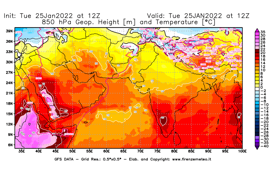 Mappa di analisi GFS - Geopotenziale [m] e Temperatura [°C] a 850 hPa in Asia Sud-Occidentale
							del 25/01/2022 12 <!--googleoff: index-->UTC<!--googleon: index-->